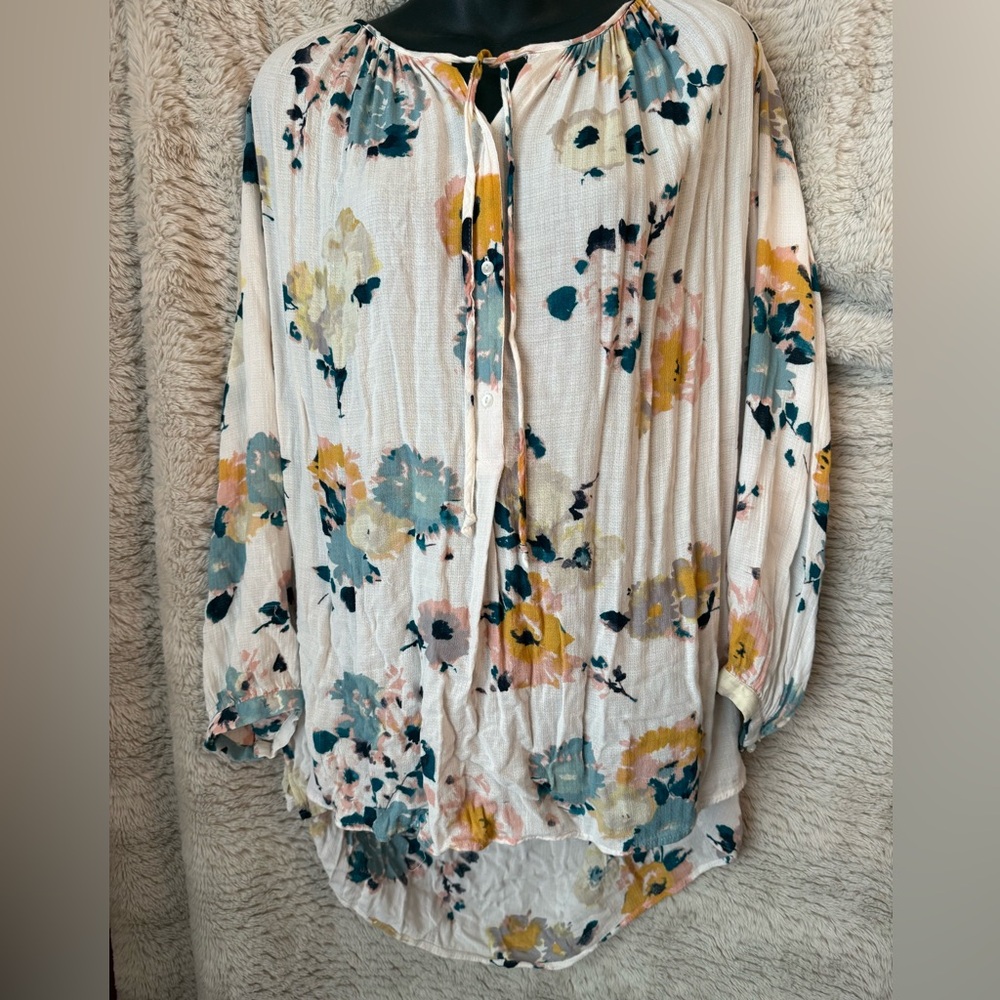 Lucky Brand Ivory Button-Front Floral Shirt with Teal, Mustard, Blush